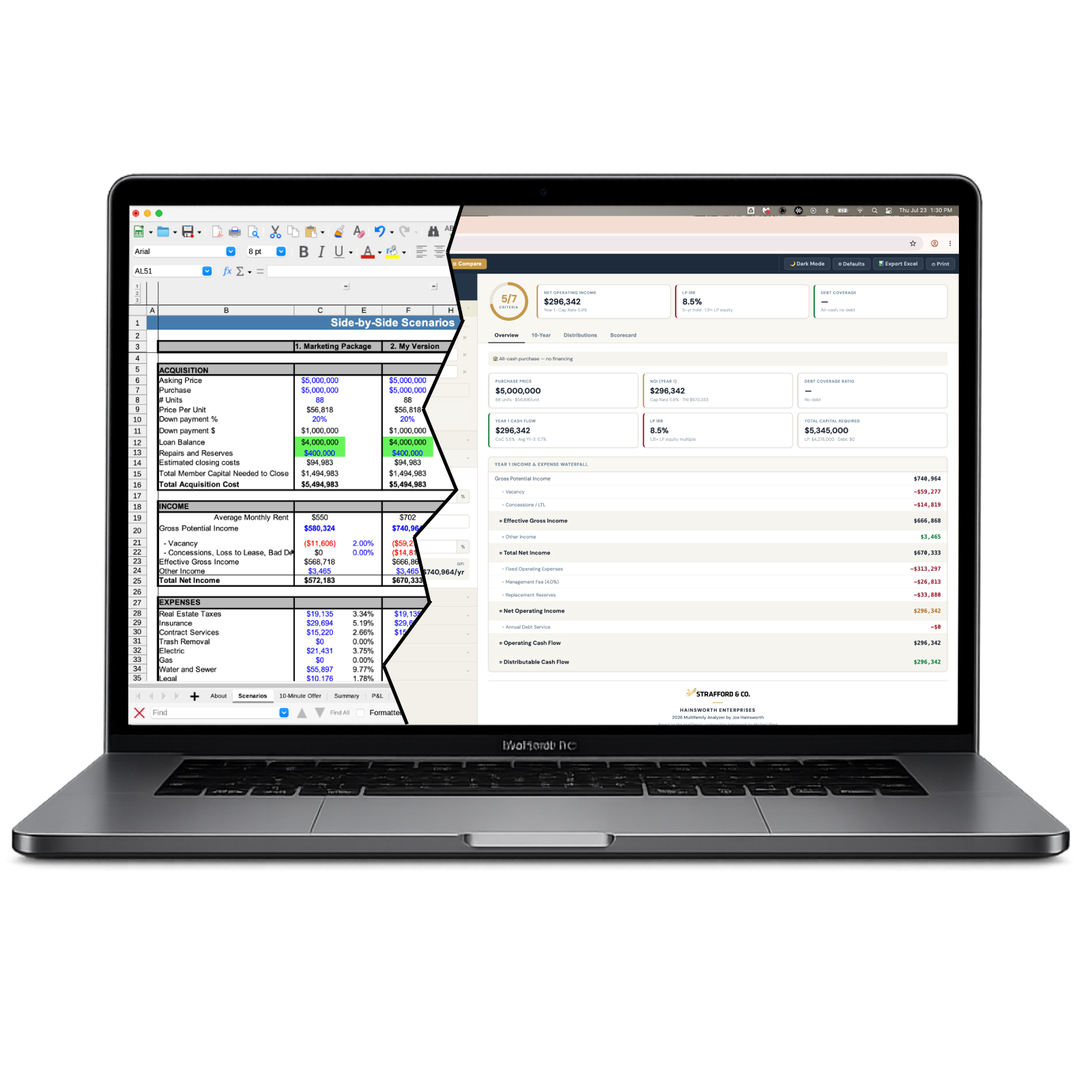 Before and after comparison of a spreadsheet transformed into a custom real estate analysis app